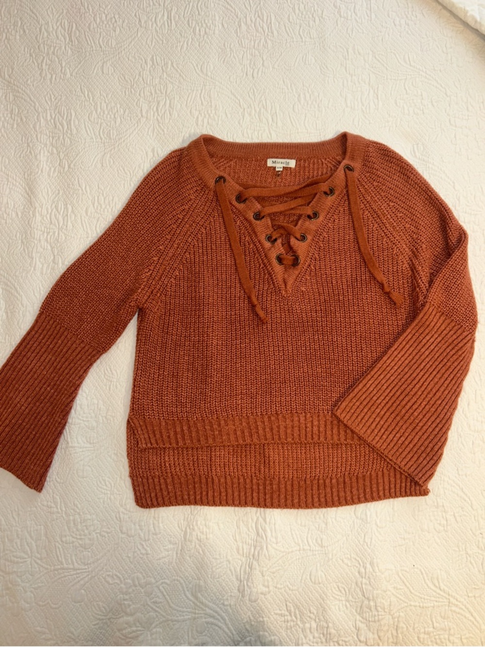 Miracle Lace-Up V-Neck Sweater in Rust